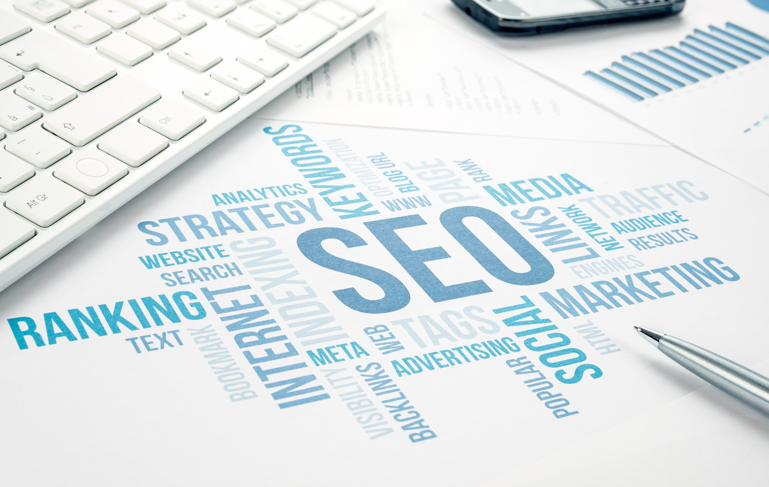 Seo business, search engine optimazion, concept cloud chart. Blue Toned